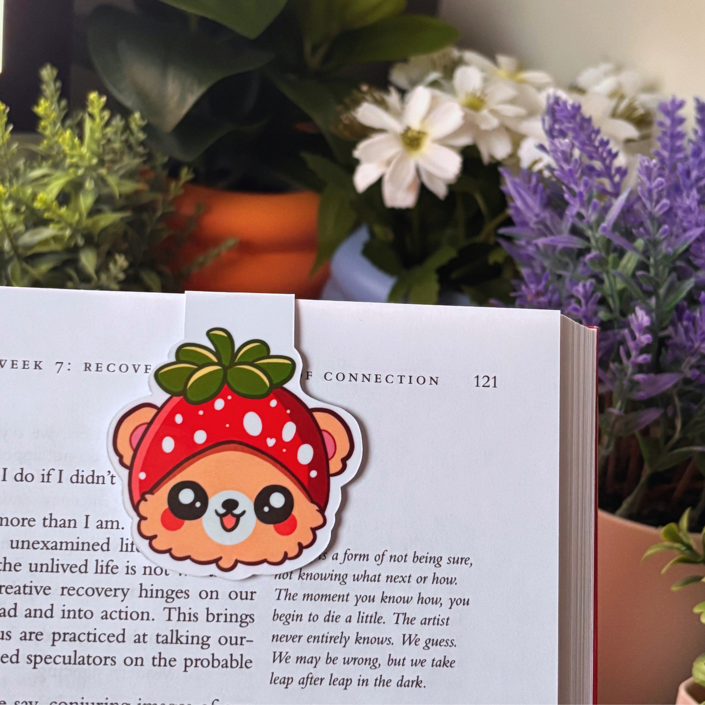 Bear with Strawberry Hat Magnetic Bookmark | Cute Berry Gift for Readers and Bookworms