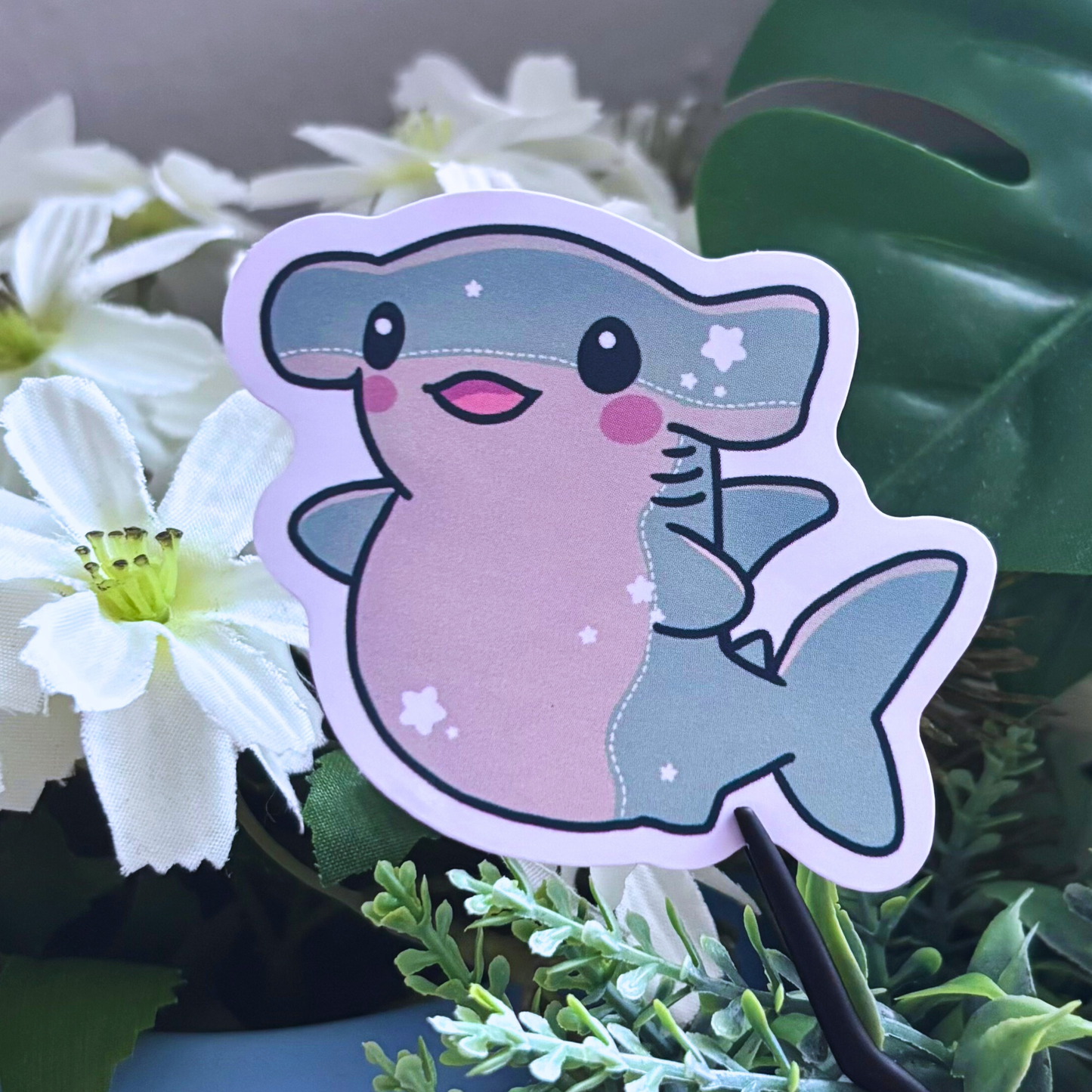 Hammerhead Shark With Stars Waterproof Vinyl Sticker | Kawaii Ocean Planner and Journal Accessory