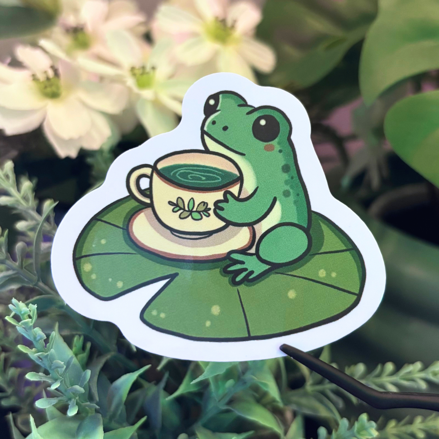 Frog With Tea Cup Waterproof Vinyl Sticker | Peaceful Cottagecore Vibes for Planner and Journaling