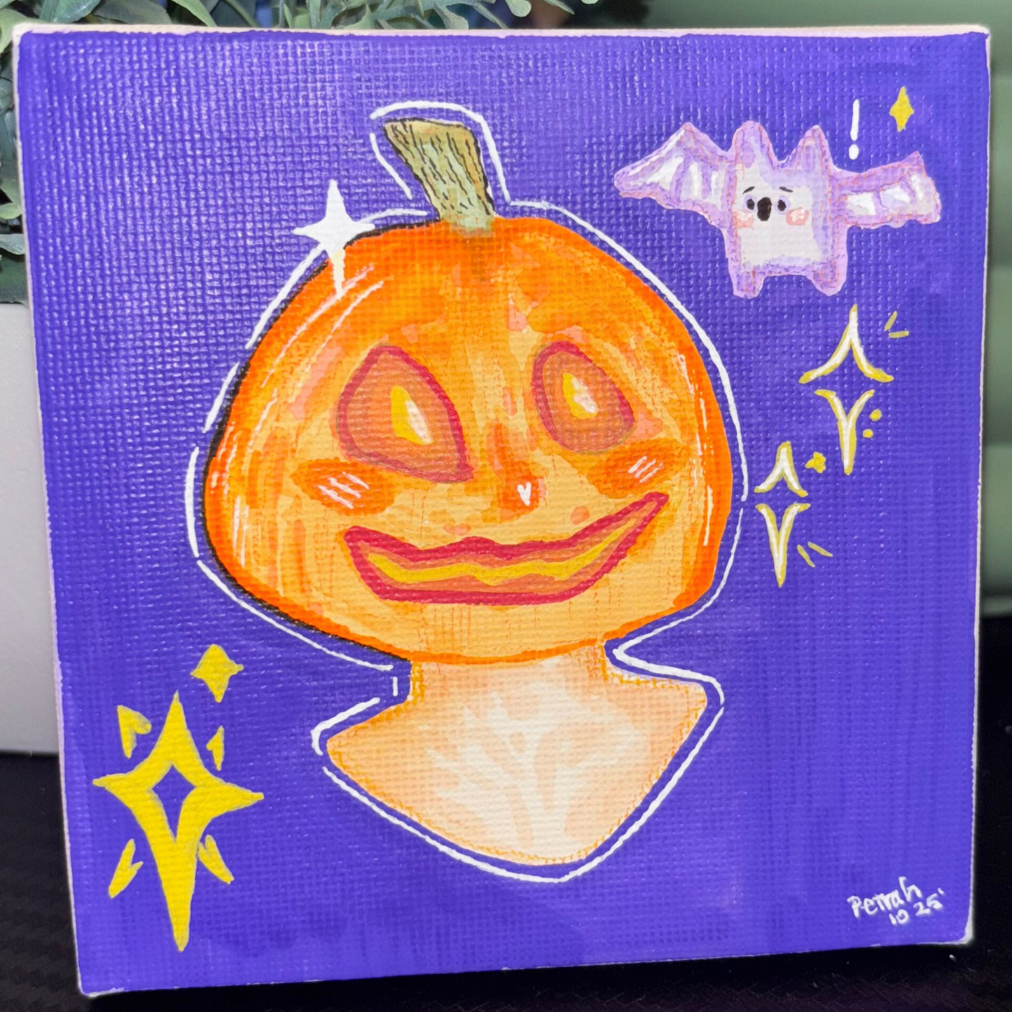 "Pumpkin Girl" with Bat Companion Original Painting | 4x4 Acrylic Primed Canvas Mixed Media Art