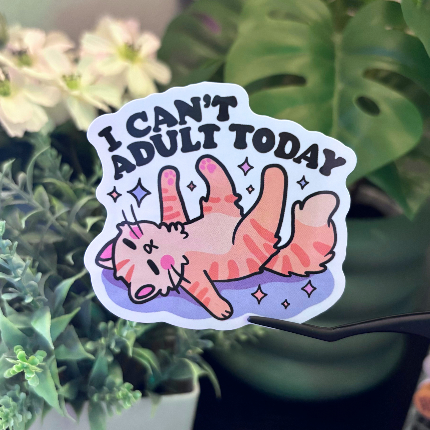 Lazy Cat I Can't Adult Today Waterproof Vinyl Sticker | Silly Relatable Gifts for Cat and Planner Lovers