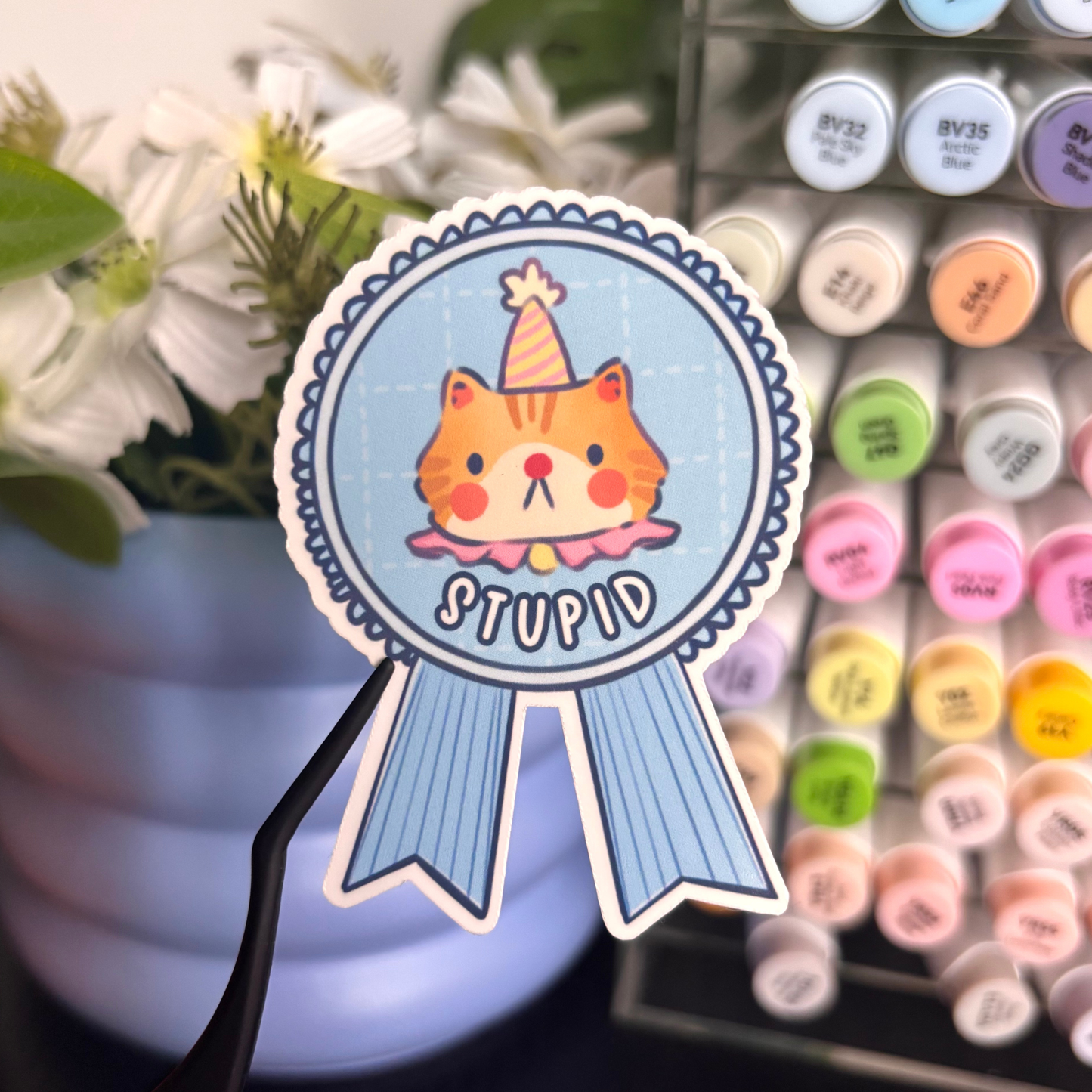 Stupid Cat Badge Vinyl Sticker | Waterproof Laminated Sticker For Water Bottle Journal