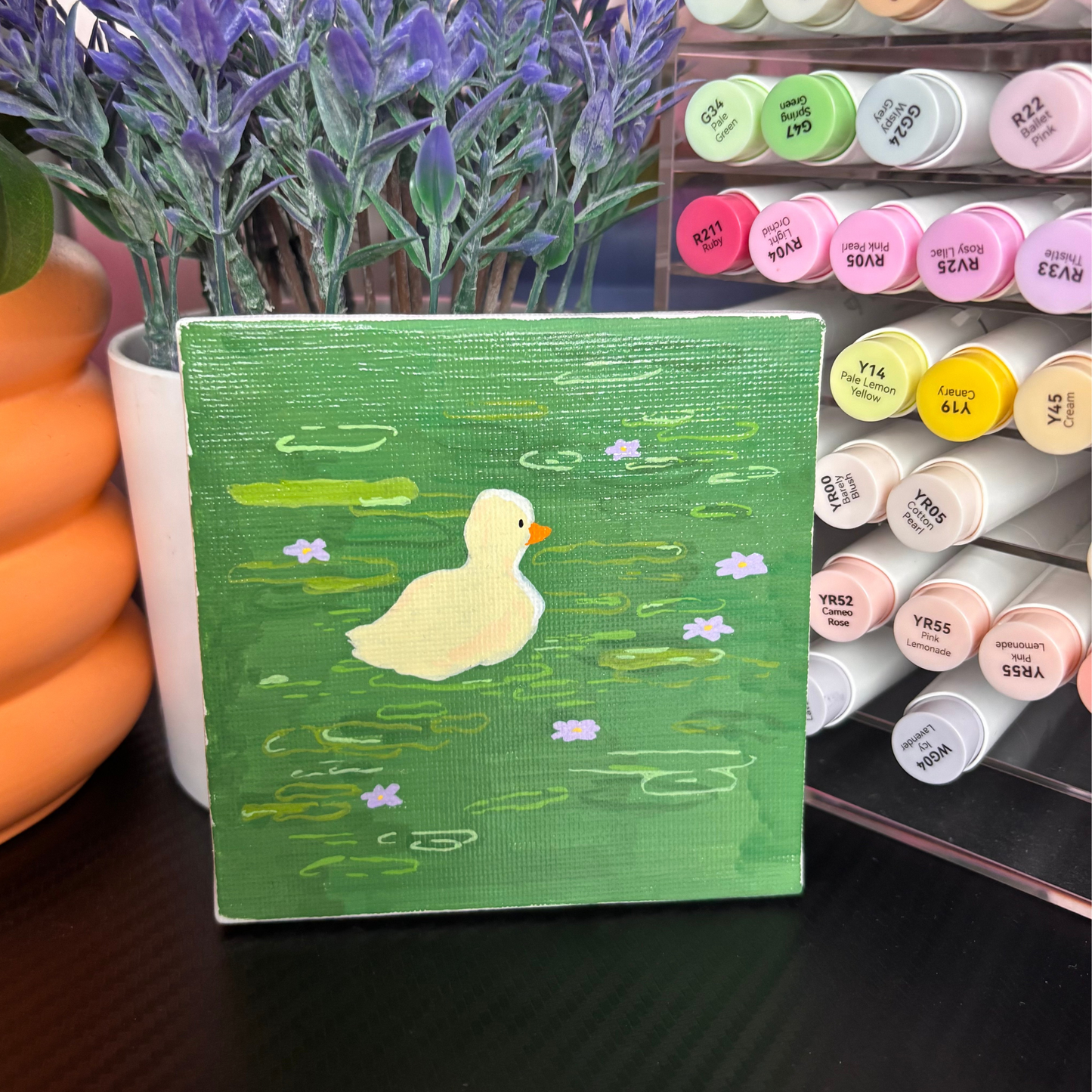 "Swamp?" Duck in a Pond Painting | Acrylic Marker Art 4x4 Glossy Varnished Canvas