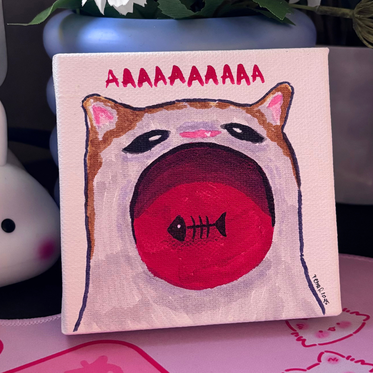Original Painting "The Fishy Scream" | Screaming Cat With Fishbone in Mouth | 4x4 Canvas Acrylic Primed