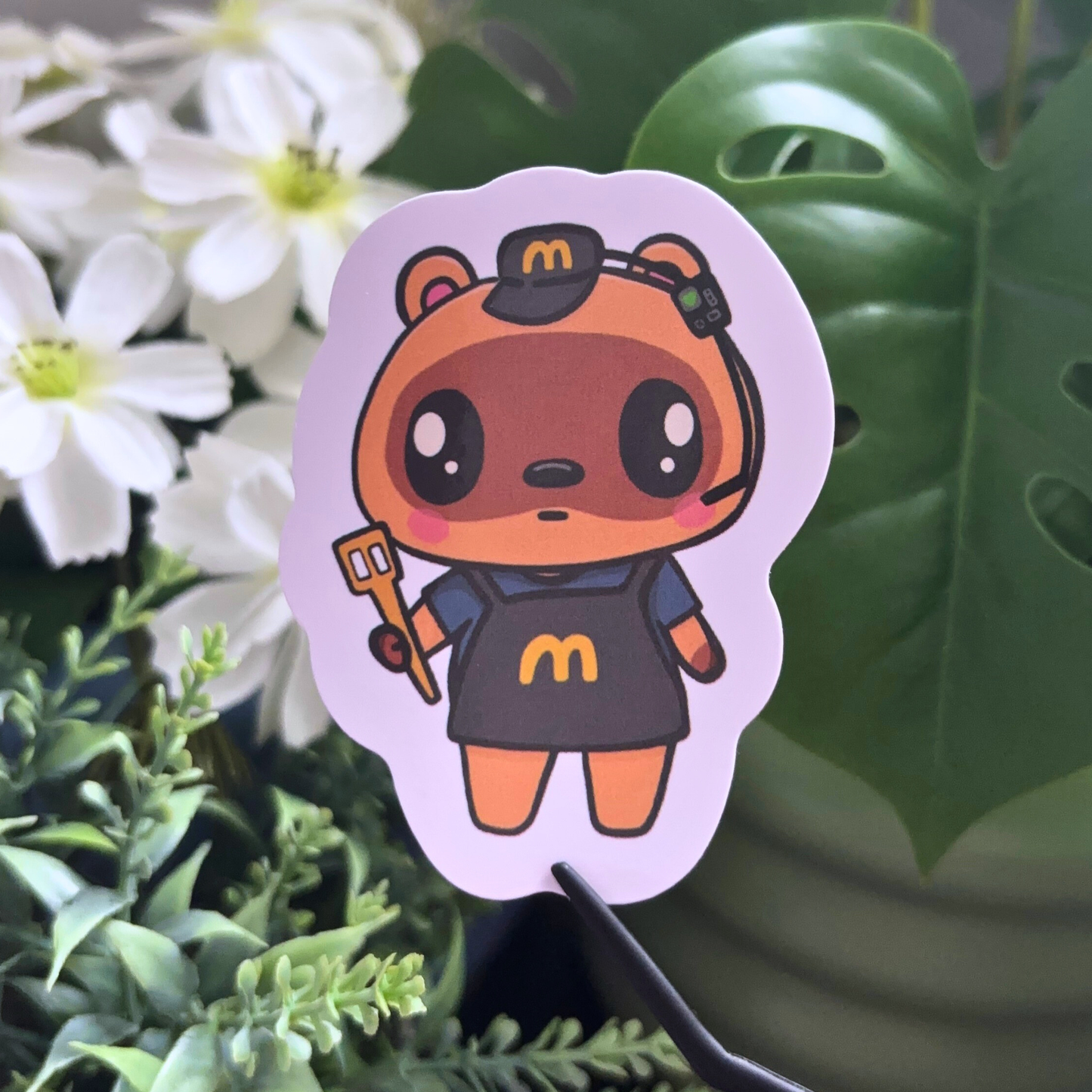 Cute Fast Food Worker Outfit Raccoon | Waterproof Sticker for Water Bottle or Journaling
