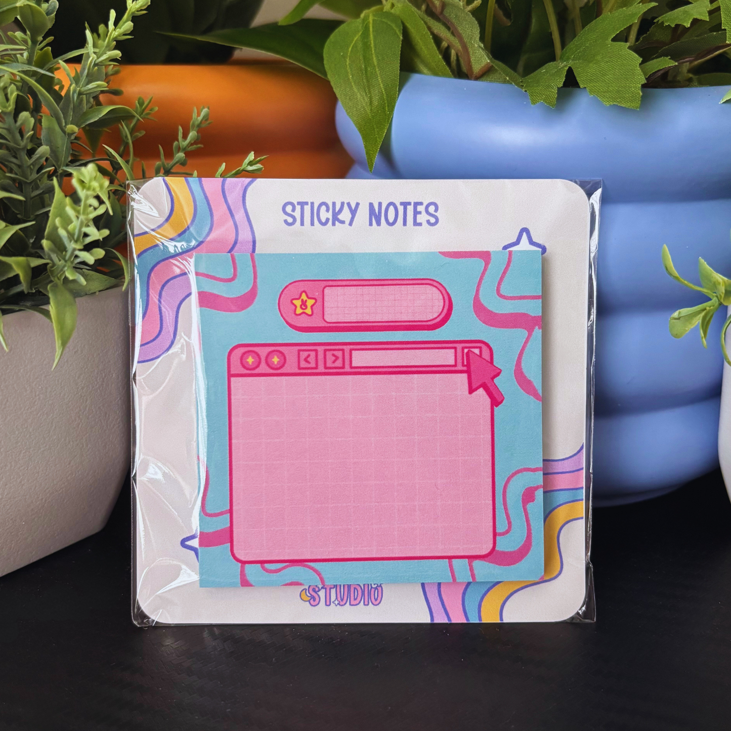 Y2K inspired pink and blue sticky notes with a retro computer design.