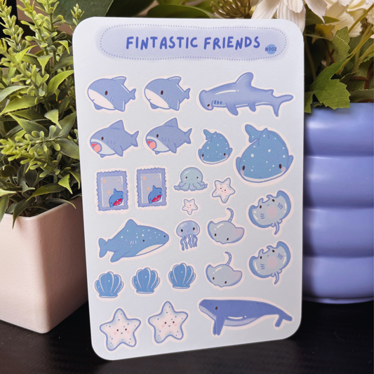 Fintastic Friends Sticker Sheet #02 | Ocean Themed Planner and Journal Stickers | Silly Sharks and Seashells