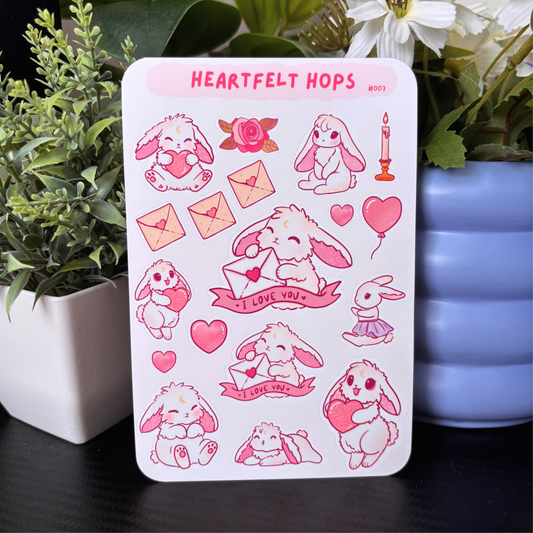 Heartfelt Hops Sticker Sheet #03 | Valentine's Day Love Stickers for Journaling or Planners | Pink Bunny Theme