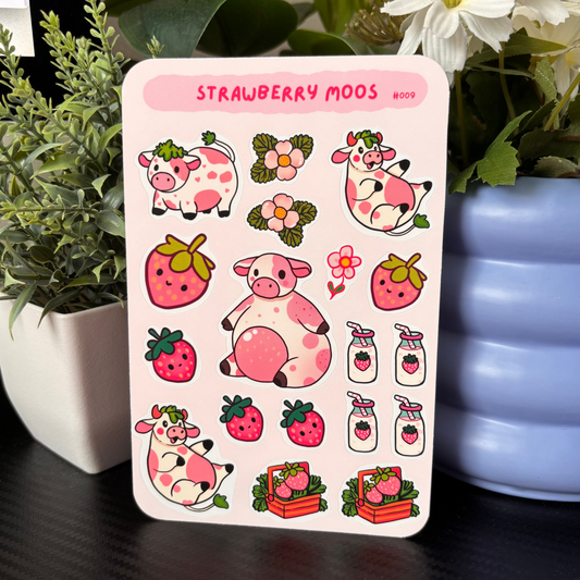 Sticker sheet with cartoon cows and strawberries on a pink background, surrounded by plants and flowers.