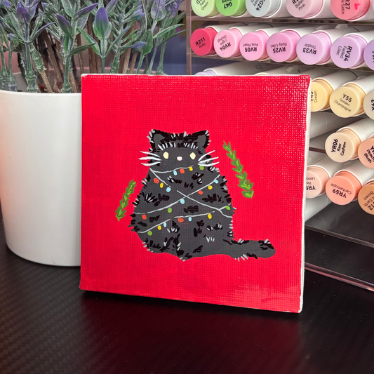Cat Festive Tree "Catmas" Acrylic Marker Painting | 4x4 Canvas Varnished with Glossy Finish