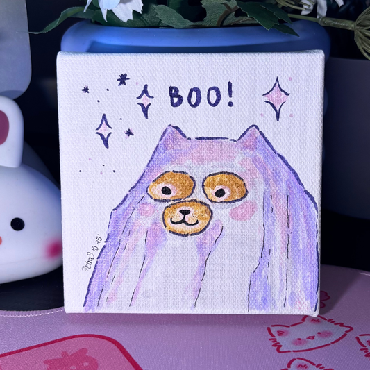 Original Painting "Cat Or Ghost" | Cute Sheet Ghost Orange Cat | 4x4 Canvas Acrylic Primed