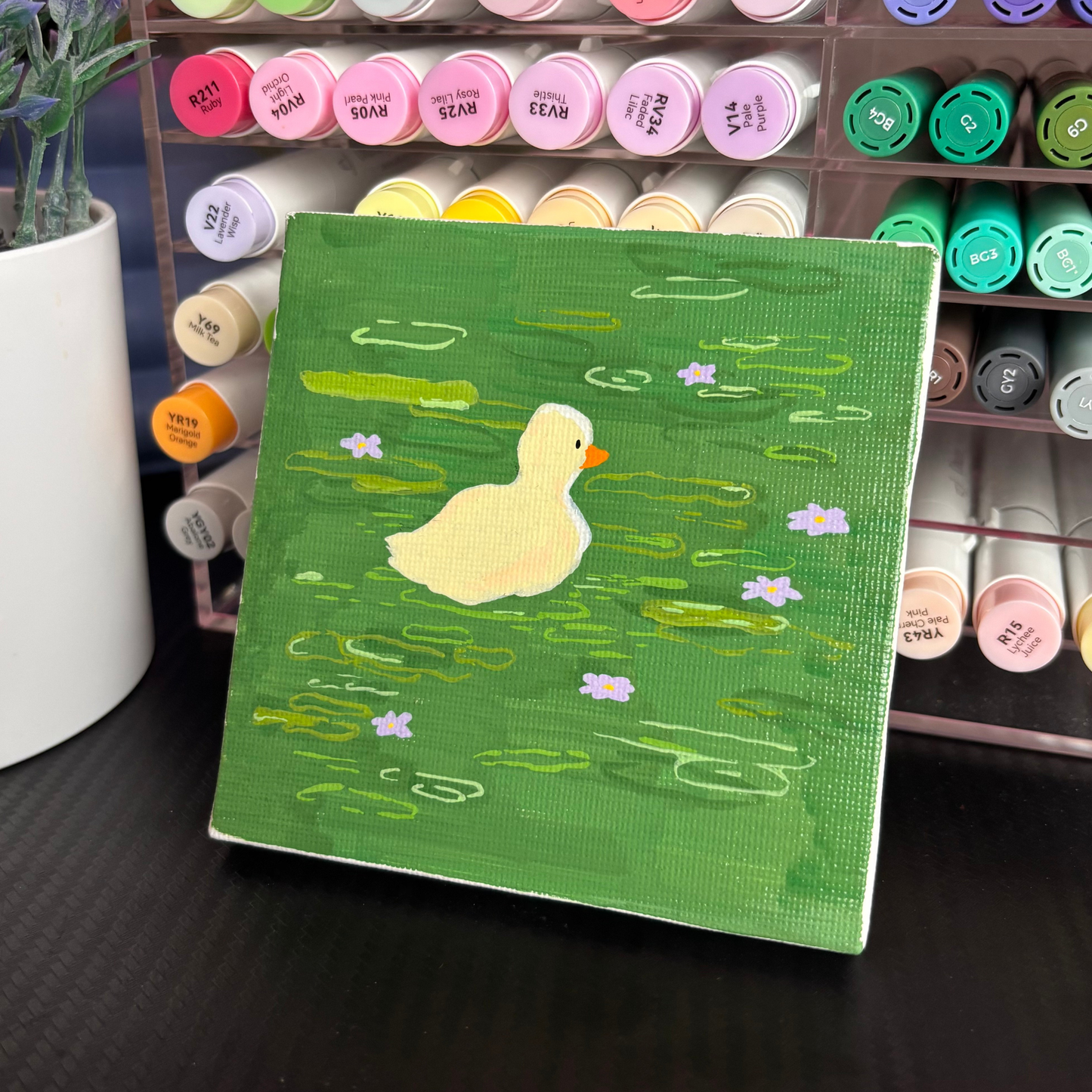 "Swamp?" Duck in a Pond Painting | Acrylic Marker Art 4x4 Glossy Varnished Canvas