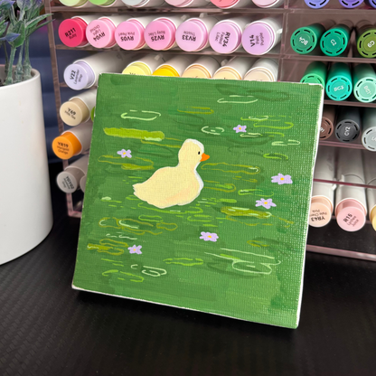 "Swamp?" Duck in a Pond Painting | Acrylic Marker Art 4x4 Glossy Varnished Canvas