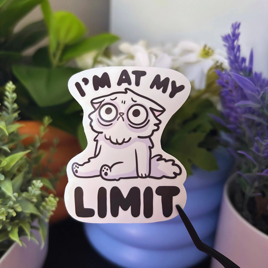 A white sticker features a cartoon cat with wide eyes and the text "I'm AT MY LIMIT".