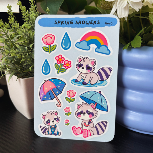 Spring Showers Sticker Sheets #010 | Cute Raccoon Rainy Day Stickers | Journal and Planner Accessories