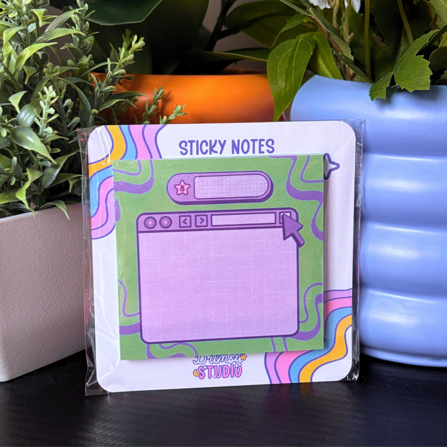 Y2K Inspired Purple and Green Sticky Notes 3x3 inch | 50 sheets | Old Computer Retro Wavy Stationery