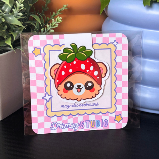 Bear with Strawberry Hat Magnetic Bookmark | Cute Berry Gift for Readers and Bookworms
