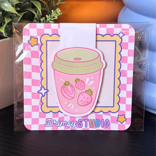 Strawberry Matcha To Go Cup Magnetic Bookmark | Cute Pink Berry Themed Gift for Readers and Bookworms