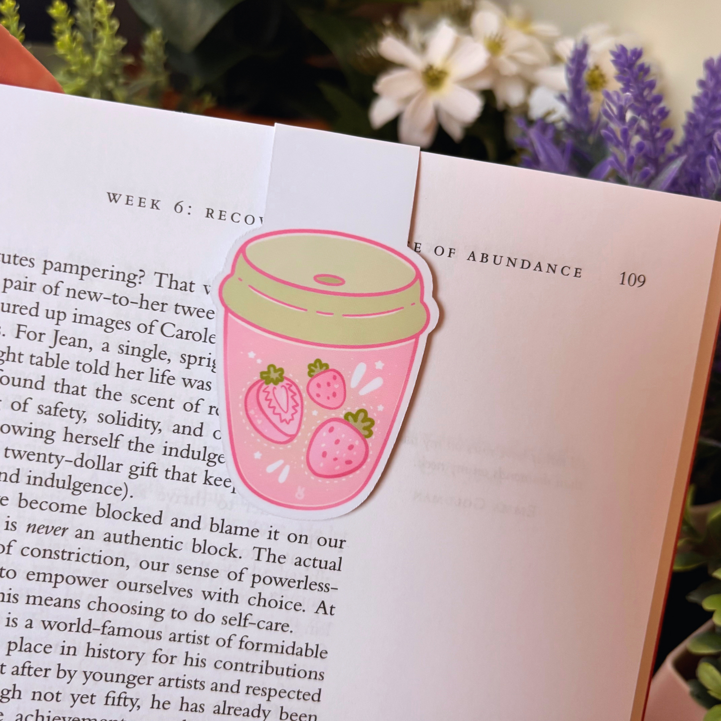 Strawberry Matcha To Go Cup Magnetic Bookmark | Cute Pink Berry Themed Gift for Readers and Bookworms