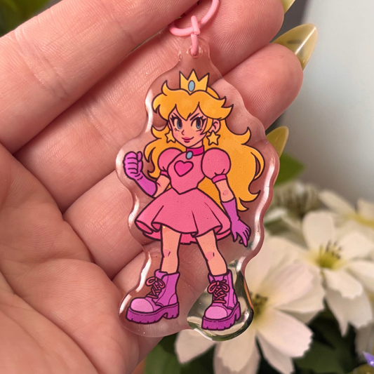 Fighter Princess Acrylic Glittery Keychain | Epoxy With Pastel Pink Clasp Accessory