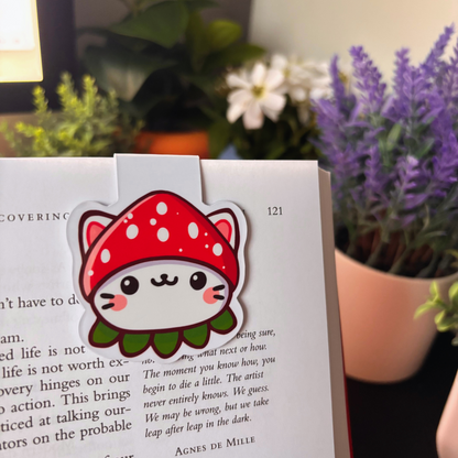 Cat Strawberry Hat Magnetic Bookmark | Cute Reader Bookworm Gift