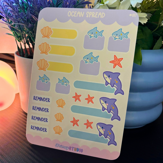 Ocean-themed planner sticker sheet with sharks, whales, shells, starfish, and reminder labels.
