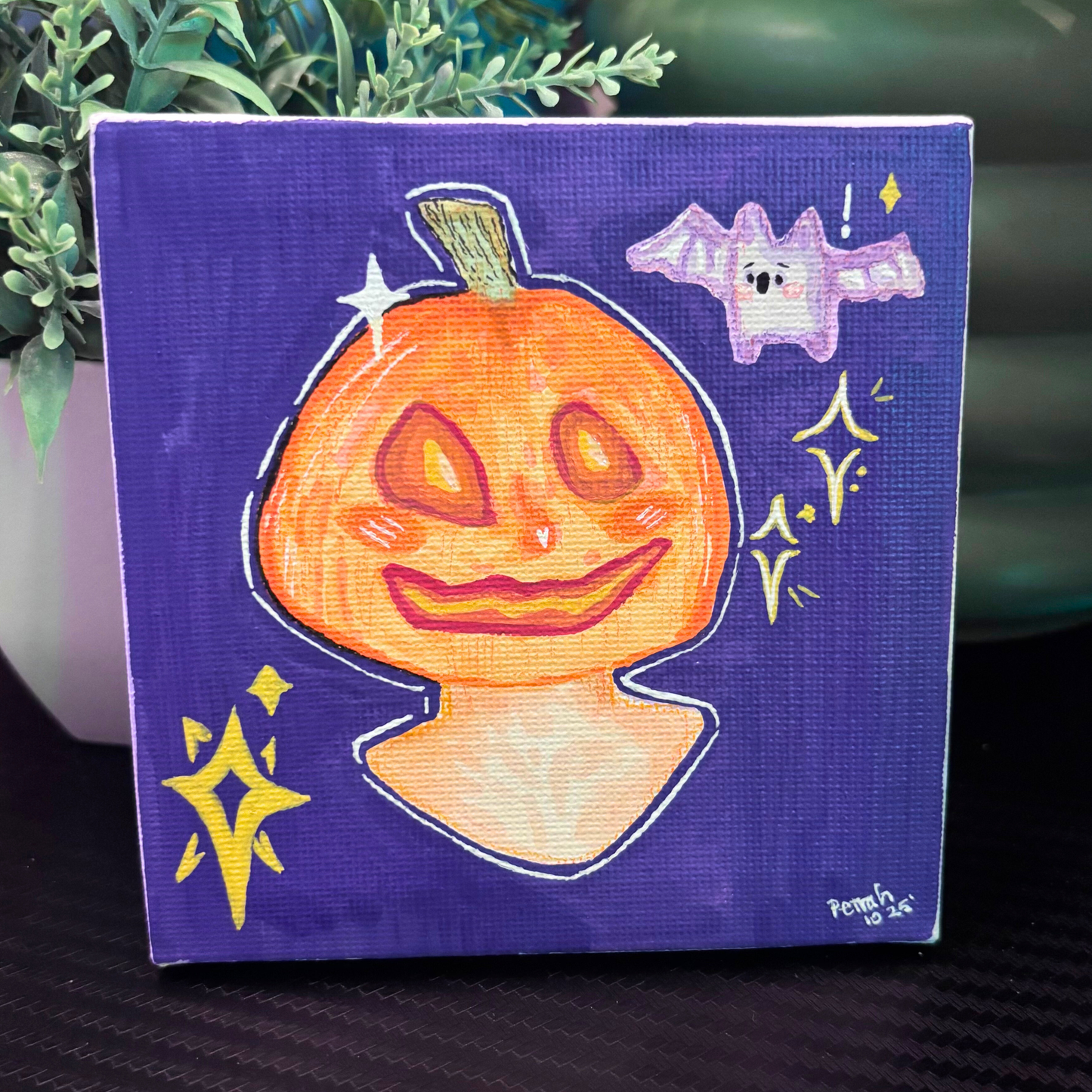 "Pumpkin Girl" with Bat Companion Original Painting | 4x4 Acrylic Primed Canvas Mixed Media Art