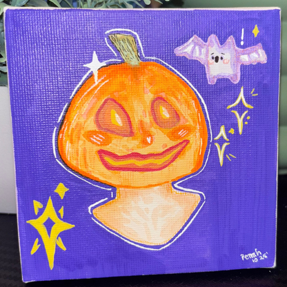 "Pumpkin Girl" with Bat Companion Original Painting | 4x4 Acrylic Primed Canvas Mixed Media Art