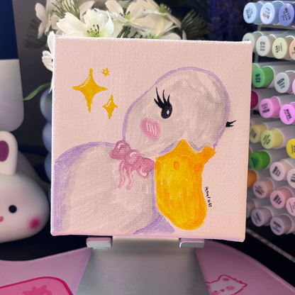Original Painting "Quackette" | Coquette Duck With Eyelashes Marker and Pencil Drawing | 4x4 Canvas Acrylic Primed