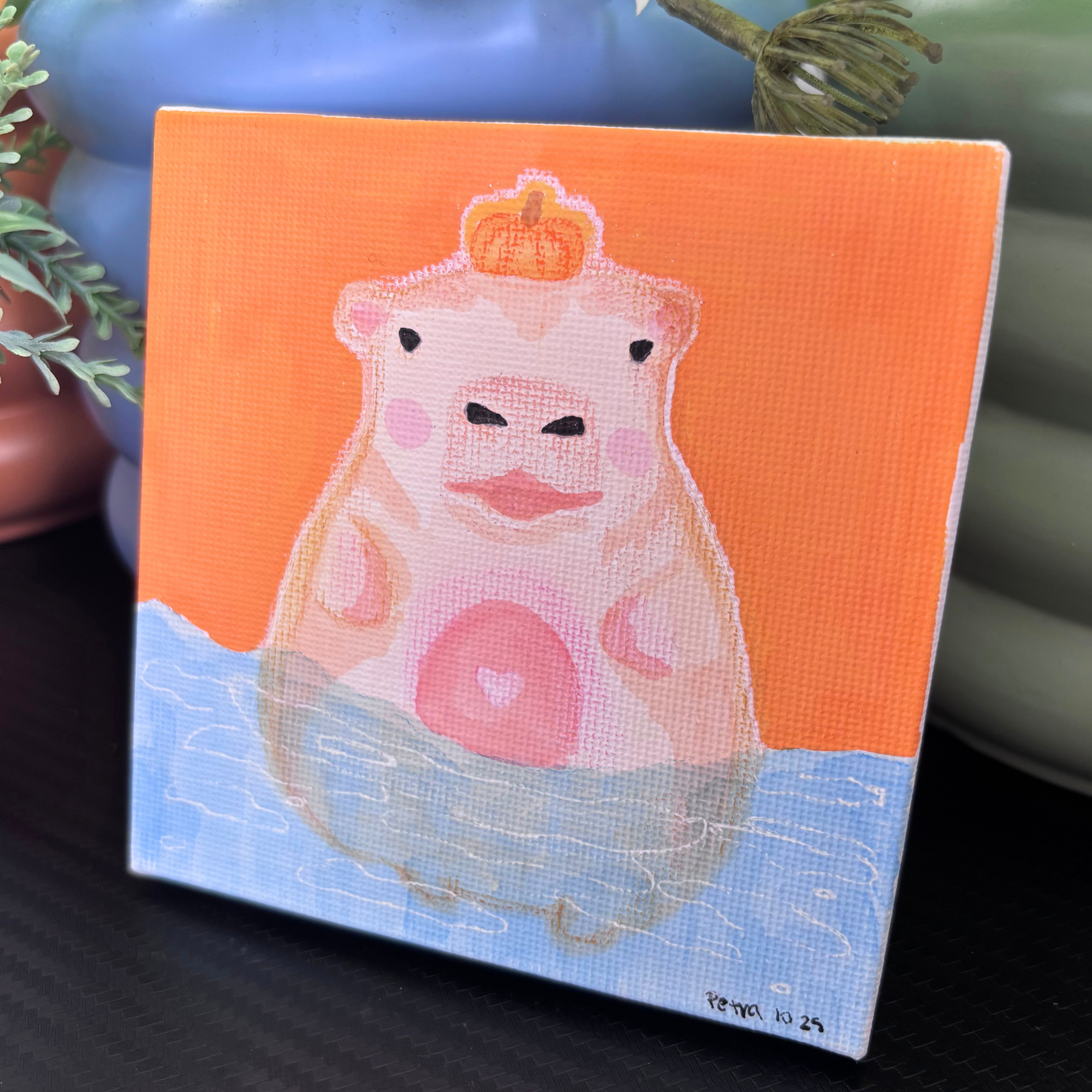 Original Painting "Pumpkin Bara" | Capybara Sitting in a Body of Water with a Pumpkin | 4x4 Canvas Acrylic Primed