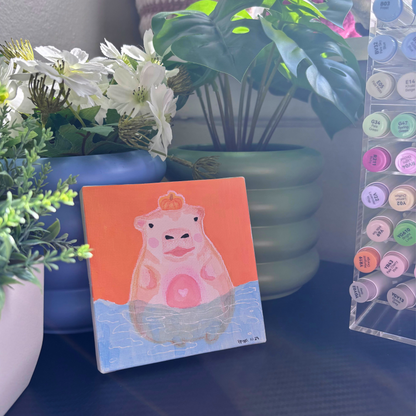 Original Painting "Pumpkin Bara" | Capybara Sitting in a Body of Water with a Pumpkin | 4x4 Canvas Acrylic Primed