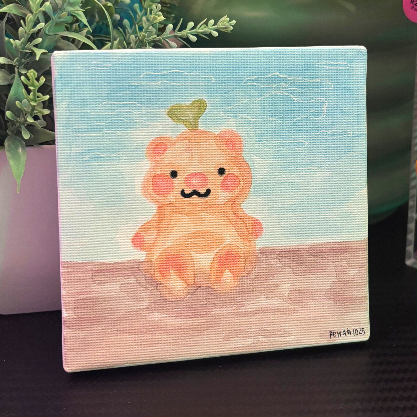 Toy Bear in a "Muddy Puddle" Original Artwork | 4x4 Acrylic Primed Canvas Mixed Media Painting