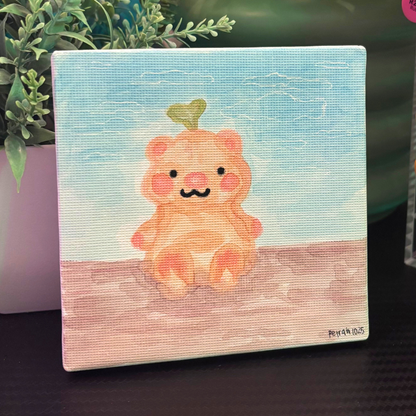 Toy Bear in a "Muddy Puddle" Original Artwork | 4x4 Acrylic Primed Canvas Mixed Media Painting