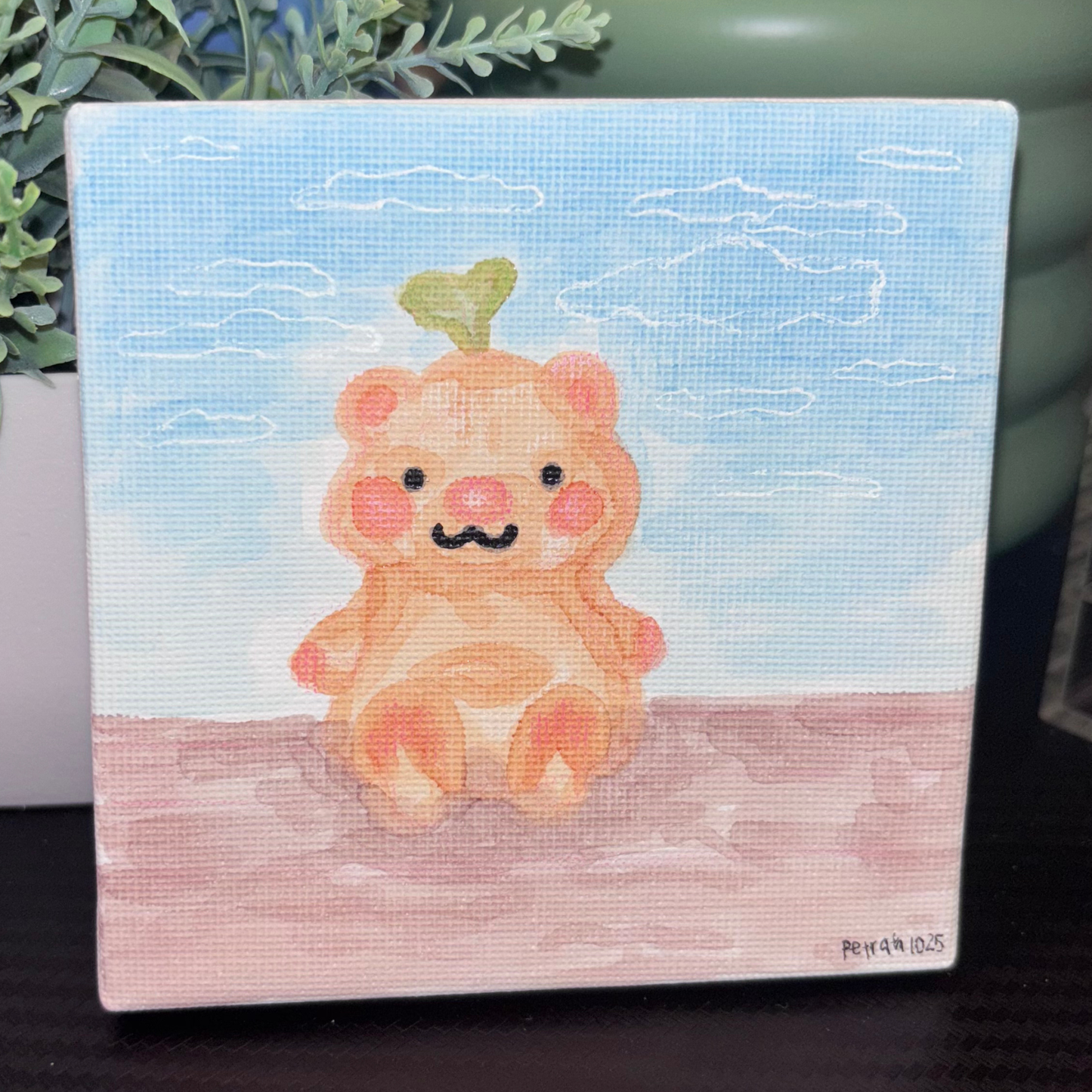 Toy Bear in a "Muddy Puddle" Original Artwork | 4x4 Acrylic Primed Canvas Mixed Media Painting