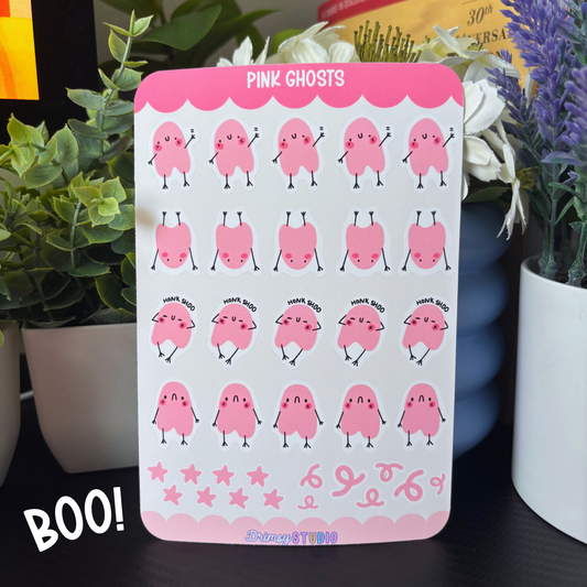 Pink Ghosts Sticker Sheet | Cute Kawaii Halloween Pastel Spread for Journaling and Planner