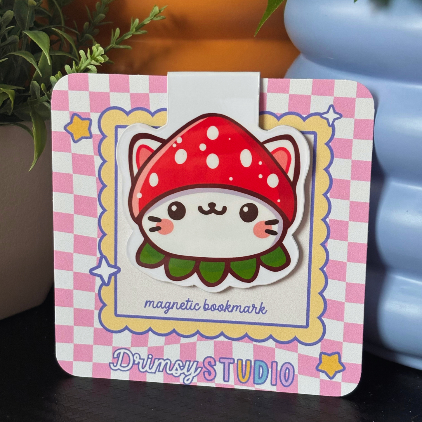 Cat Strawberry Hat Magnetic Bookmark | Cute Reader Bookworm Gift
