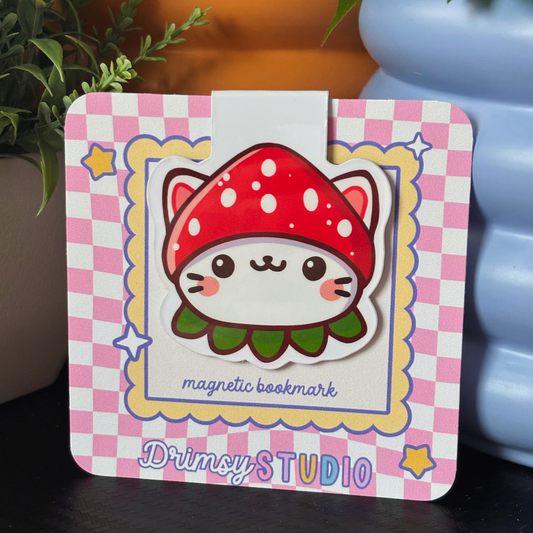 Cat Strawberry Hat Magnetic Bookmark | Cute Reader Bookworm Gift
