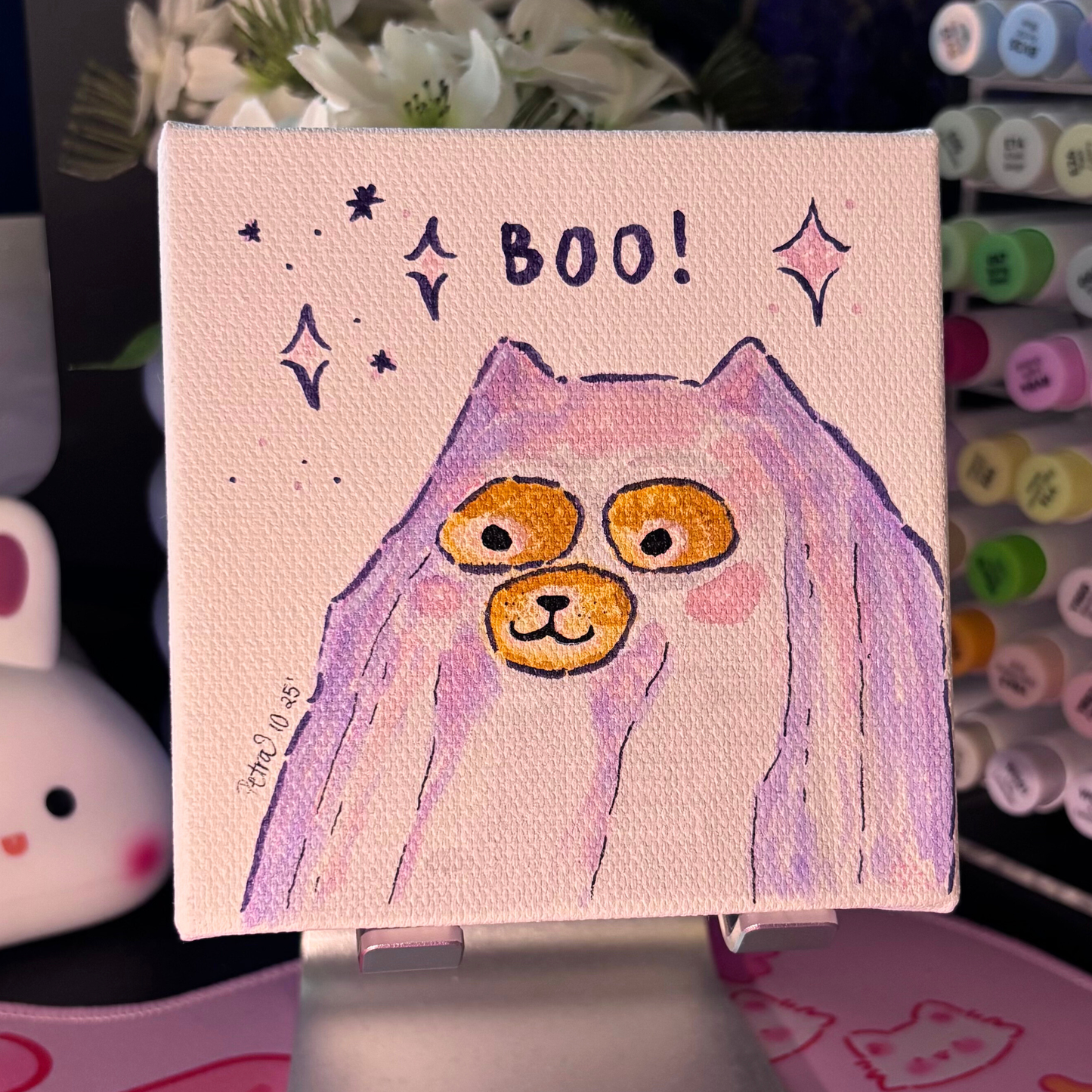 Original Painting "Cat Or Ghost" | Cute Sheet Ghost Orange Cat | 4x4 Canvas Acrylic Primed
