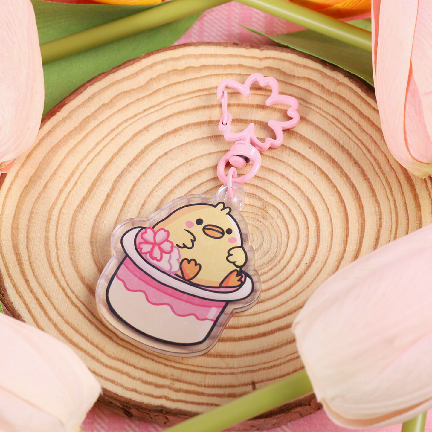Sakura Pudding Cup Duck Acrylic Keychain with Pink Cherry Blossom Clasp | Holographic Sakura Film