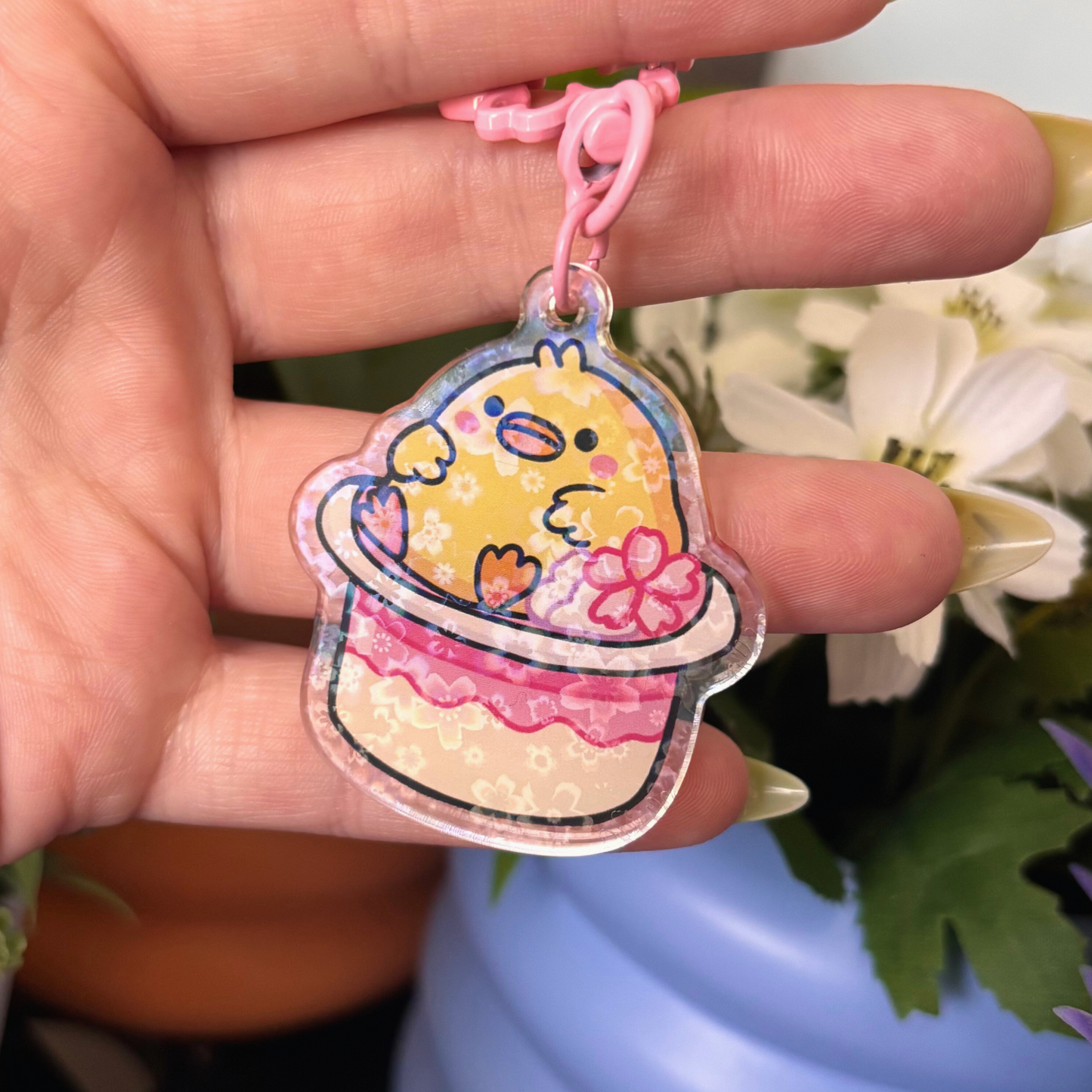 Sakura Pudding Cup Duck Acrylic Keychain with Pink Cherry Blossom Clasp | Holographic Sakura Film