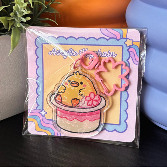 Sakura Pudding Cup Duck Acrylic Keychain with Pink Cherry Blossom Clasp | Holographic Sakura Film