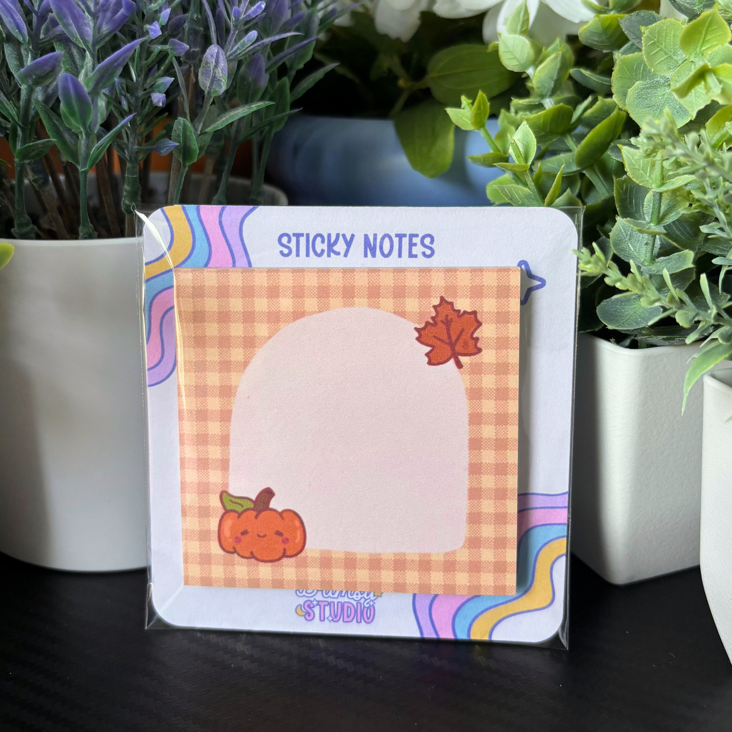 Pumpkin Patch Gingham Sticky Notes | 3x3 50 Sheet Notepad with Sticky Back | Fall Design with Leaf
