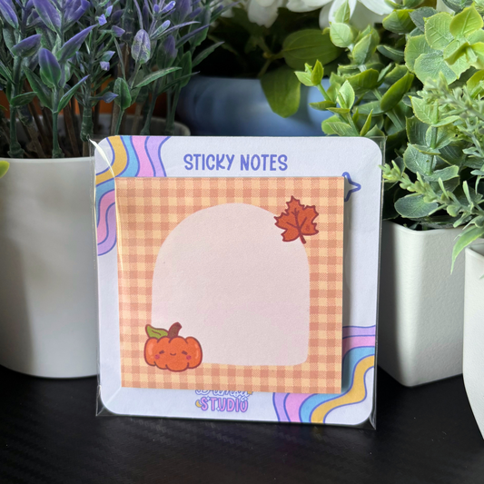 Pumpkin Patch Gingham Sticky Notes | 3x3 50 Sheet Notepad with Sticky Back | Fall Design with Leaf