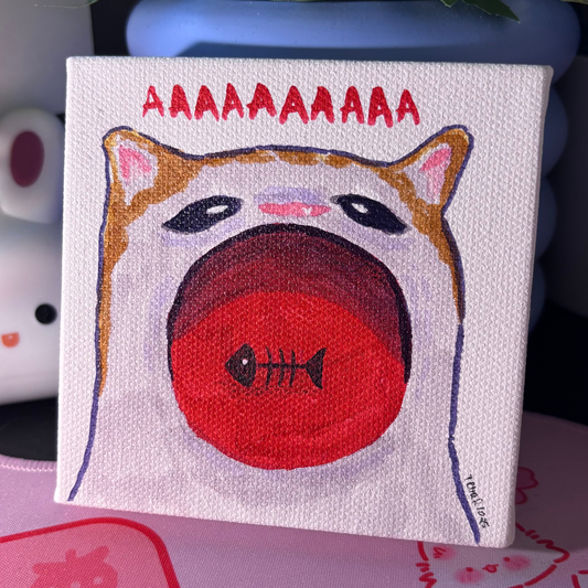 Original Painting "The Fishy Scream" | Screaming Cat With Fishbone in Mouth | 4x4 Canvas Acrylic Primed
