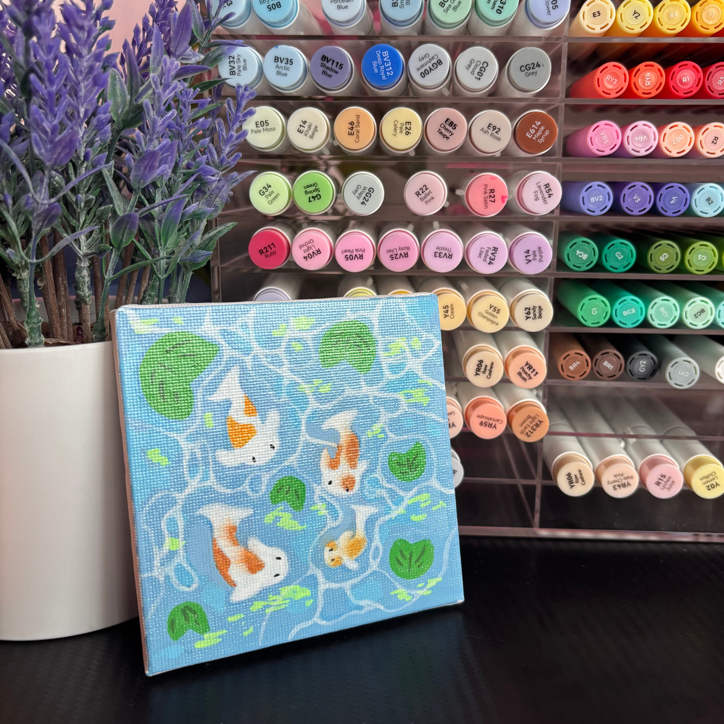 Magical Koi Pond "4 Koisketeers" Original Artwork | Acrylic Marker Varnished 4x4 Painting