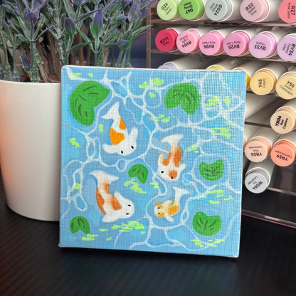 Magical Koi Pond "4 Koisketeers" Original Artwork | Acrylic Marker Varnished 4x4 Painting