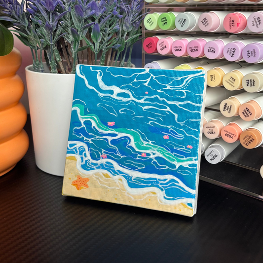 Shoreline Acrylic Marker Painting "Blue Sand" | 4x4 Canvas Glossy Varnish