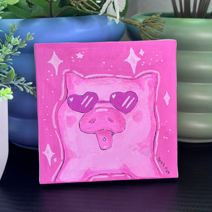 Original Painting "Pierced Pig" | Silly Pig with a Tongue Piercing and Sunglasses | 4x4 Canvas Acrylic Primed