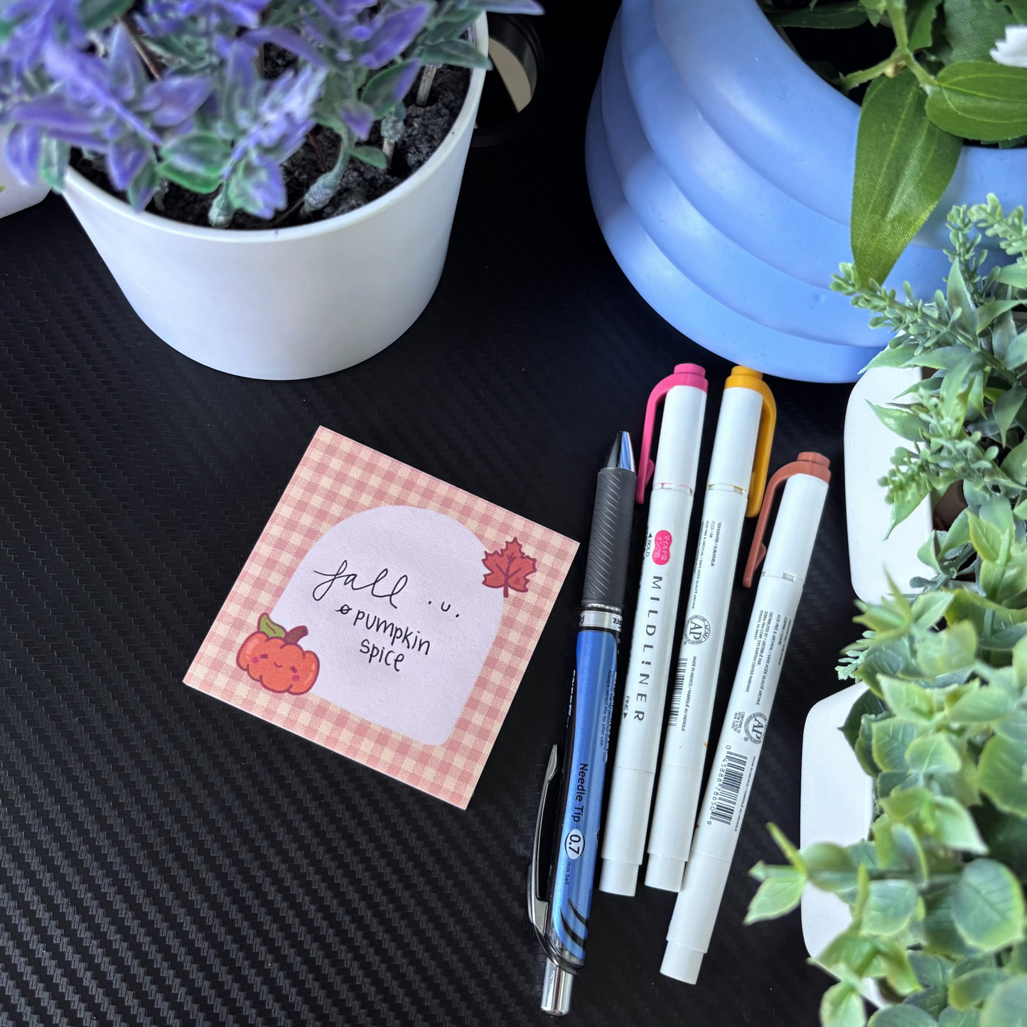 Pumpkin Patch Gingham Sticky Notes | 3x3 50 Sheet Notepad with Sticky Back | Fall Design with Leaf