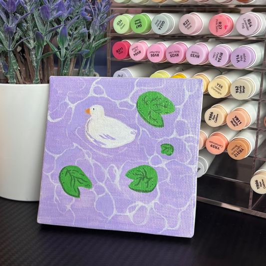 Lavender Pond with Duck "Floating Away" Acrylic Marker Painting | 4x4 Varnished Glossy Canvas